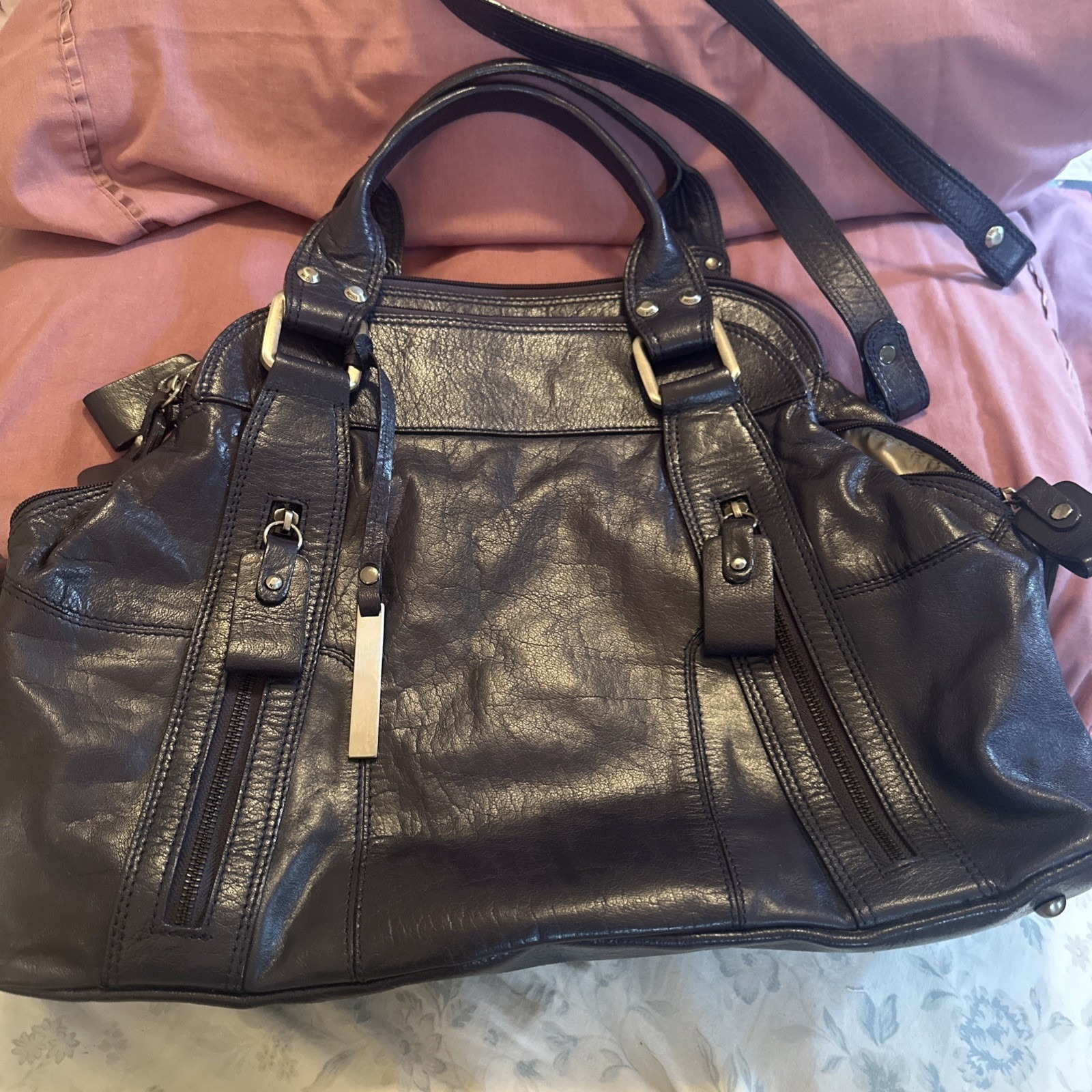 Nicoli Italian Leather Large Satchel Features A Dark Purplish Blue Finish